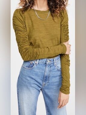 Free People Natasha Ruched Sleeve Top Olive Green Thumbhole Lightweight Size S